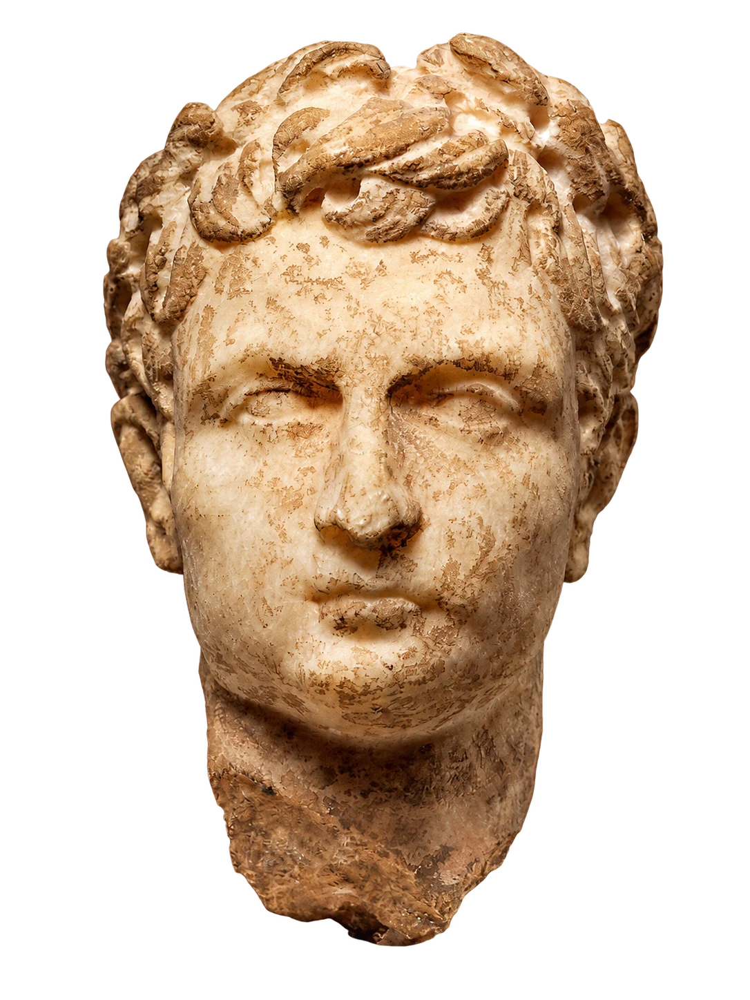 Roman marble head of a man wearing a laurel wreath