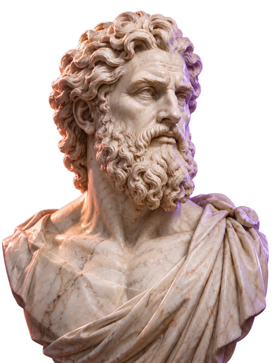 Classical marble philosopher sculpture illuminated in pearl, rose and violet